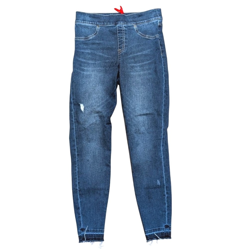 SPANX Jeans Size M Denim Leggings Pull On High Rise Jegging Skinny Ripped Rips